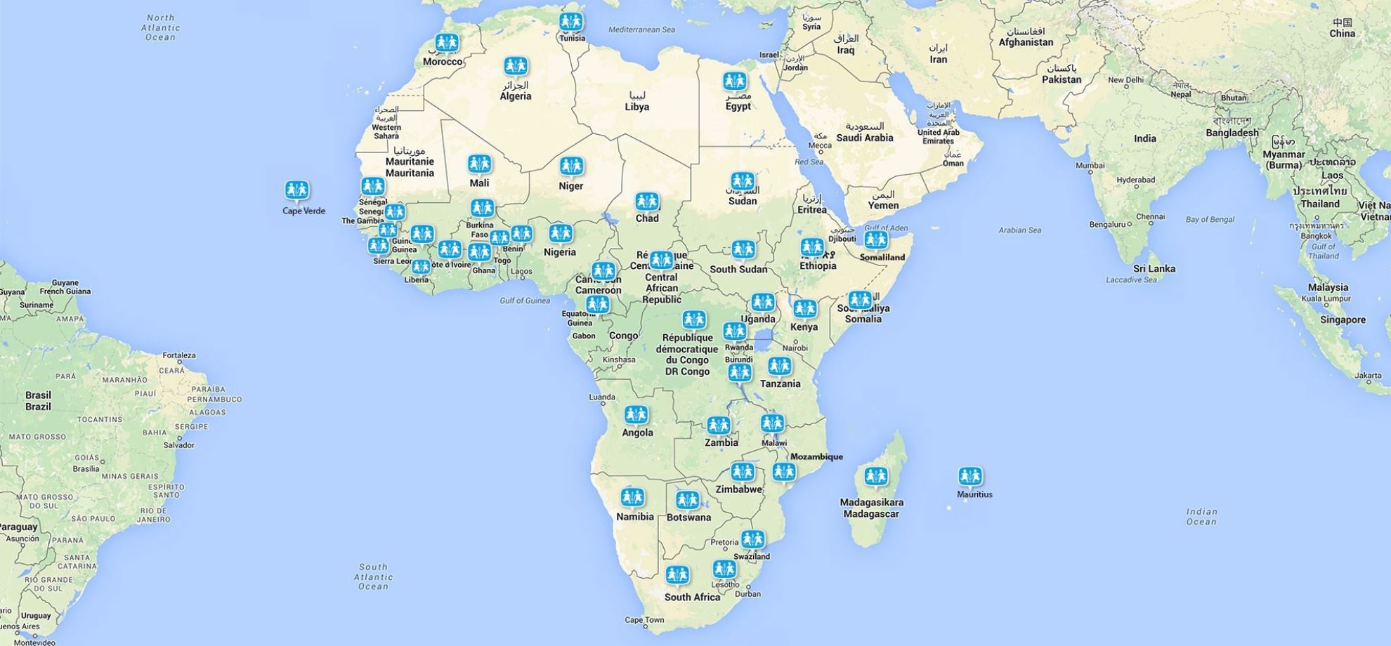 Kart over Afrika med alle SOS-barnebyene markert med logo-ikoner. 