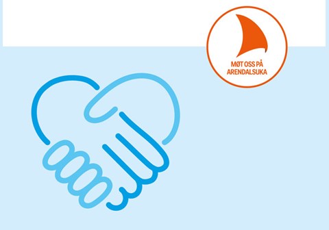 Tegning av to hender som hilser, med blå streker i en hjerteform og logoen til Arendlasuka, et seil i oransje inni en sirkel.