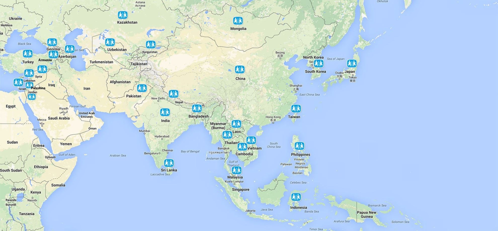 Kart over Asia med alle SOS-barnebyene markert med logo-ikoner. 