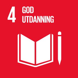 Banner med rød bakgrunn og hvit skrift og en oppslått bok med en blyant ved siden av: FNs bærekraftsmål nr. 4 God utdanning