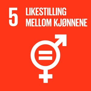 Banner med oransjerød bakgrunn og hvit skrift og symbolet for hannkjønn og hunkjønn i samme sirkel: FNs bærekraftsmål nr. 5 Likestilling mellom kjønnene