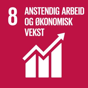 Banner med burgunderrød bakgrunnsfarge og hvit tekst og en graf som peker oppover: FNs bærekraftsmål nr. 8 Anstendig arbeid og økonomisk vekst