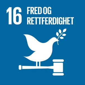 Blått banner med hvit skrift og en due: FNs bærekraftsmål nr. 16 Fred, rettferdighet og velfungerende institusjoner