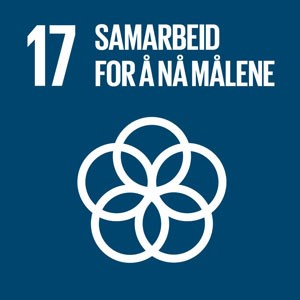 Blått banner med hvit tekst og ringer hektet sammen i en sirkel: FNs bærekraftsmål nr. 17 Samarbeid for å nå målene