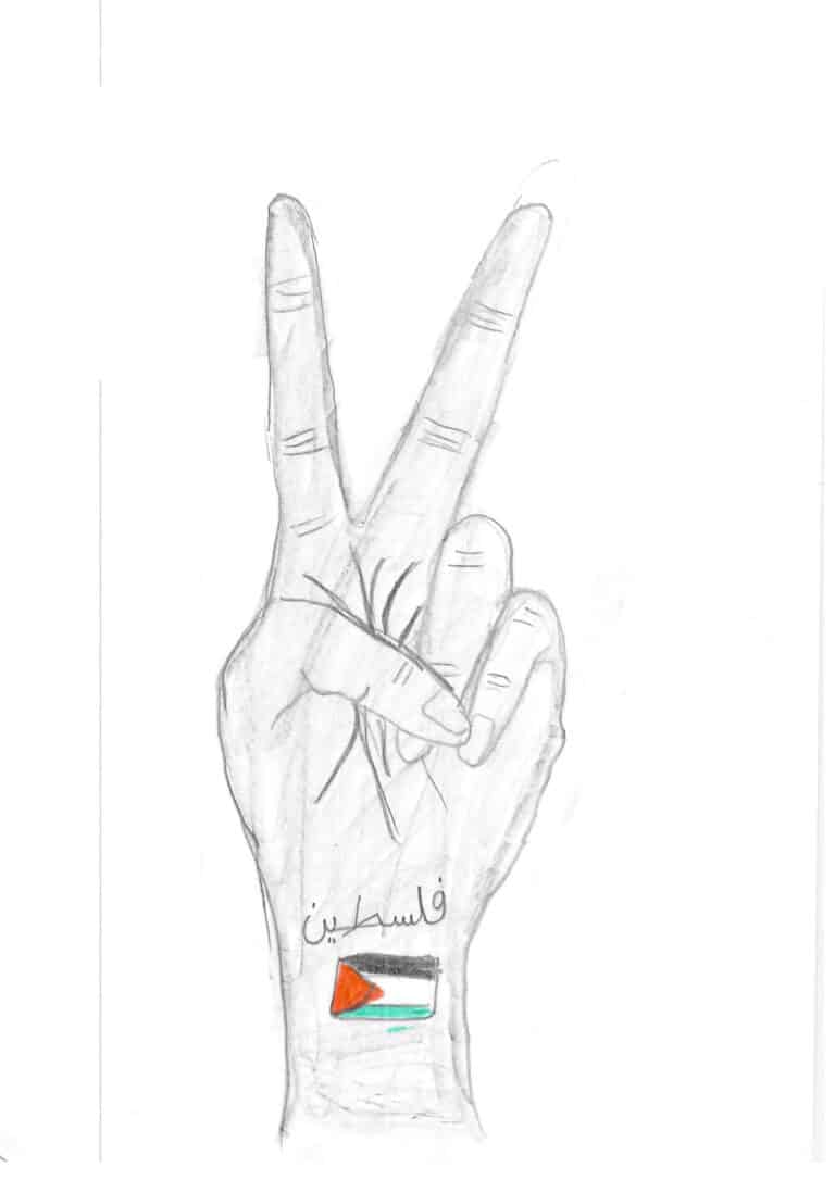 Tegning fra barn i Palestina. Ei hånd som viser frihetstegnet.