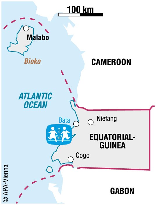 Kart over Ekvatorial-Guinea, med SOS-barnebyen i Bata marker med et SOS-ikon.