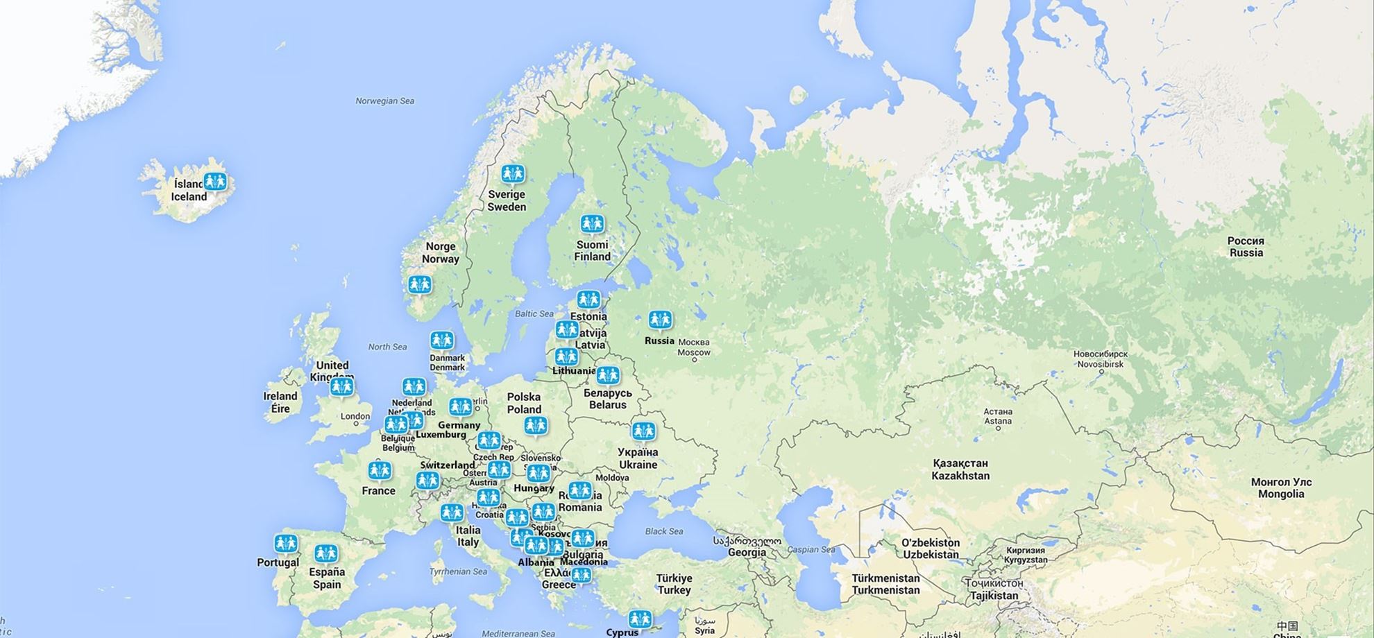 Kart over Europa med alle SOS-barnebyene markert med logo-ikoner. 