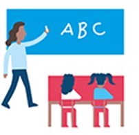 Infografikk: Lærer som står ved tavla og peker og to elever sitter ved pultene sine. 
