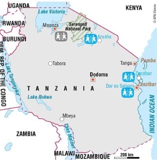 Kart over barnebyene i Tanzania.