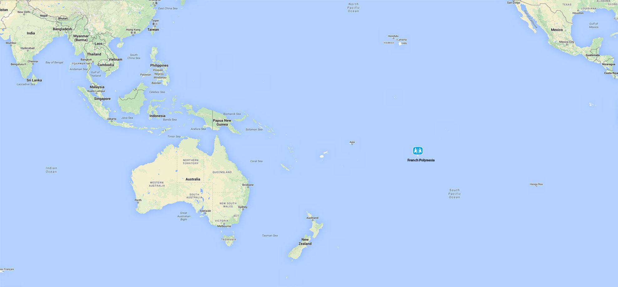 Kart over Oceania med SOS-barnebyen French Polynesia markert med logo-ikon. 