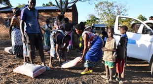 Utdeling av mais og soyabønner. Kvinner, menn og barn tar i mot fra SOS-barnebyers medarbeidere. det er også en bil fra SOS-barnebyer i bildet. Foto: SOS-barnebyer Malawi