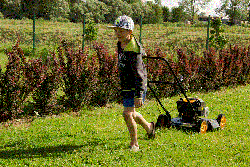 Barn som hjelper til med å klippe gresset.