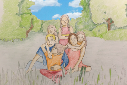 Illustrasjon av en familie som sitter på gresset. Illustrert av Morten Ødegaard.